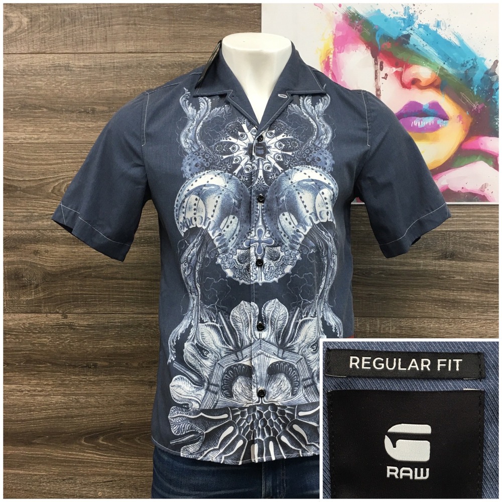 NEW! G-Star RAW Men Hawaiian Service Regular Shirt Blue Jellyfish Print D19910 M
